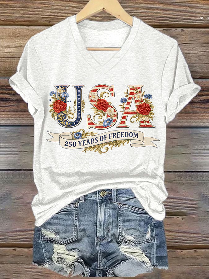 Women's American 250th Anniversary Print Casual V-Neck T-Shirt