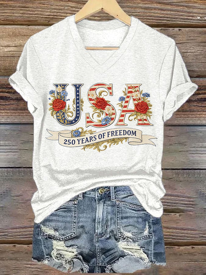 Women's American 250th Anniversary Print Casual V-Neck T-Shirt