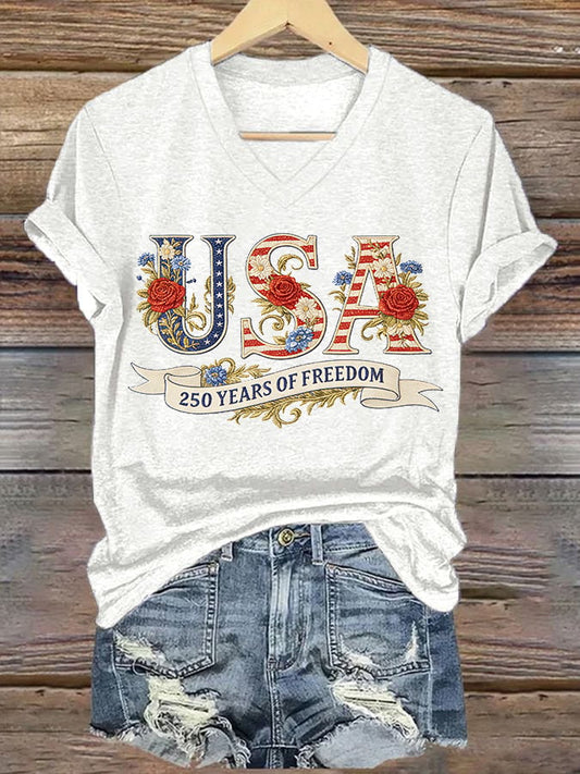Women's American 250th Anniversary Print Casual V-Neck T-Shirt