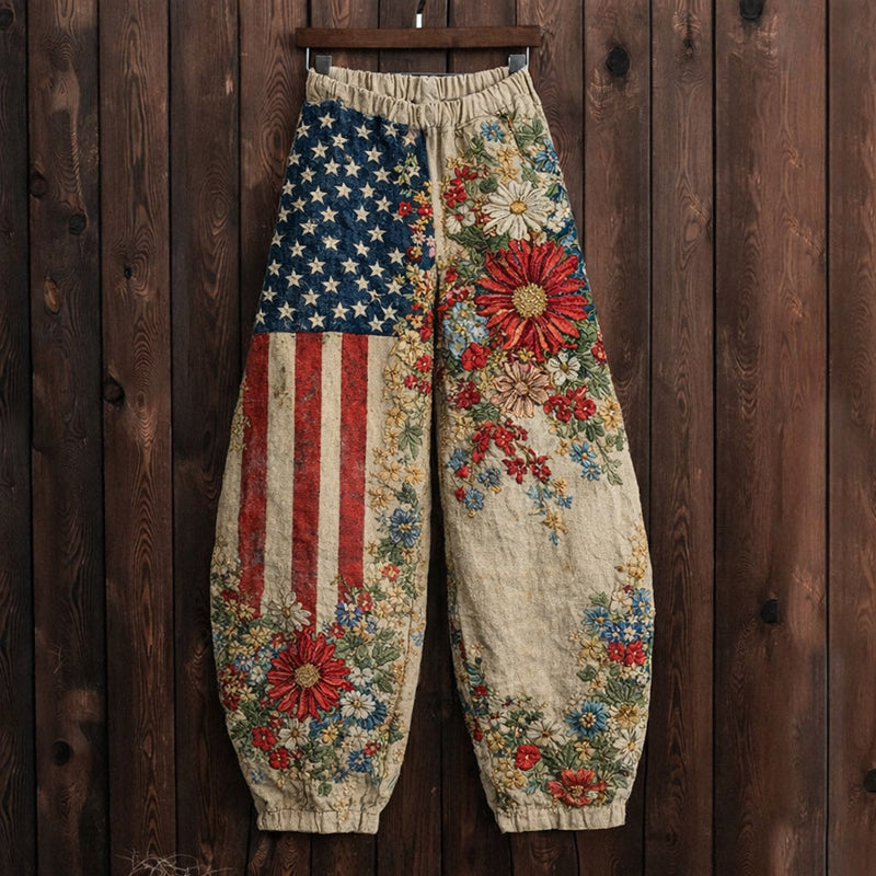 US 250th Anniversary Retro Floral Print Casual Pants