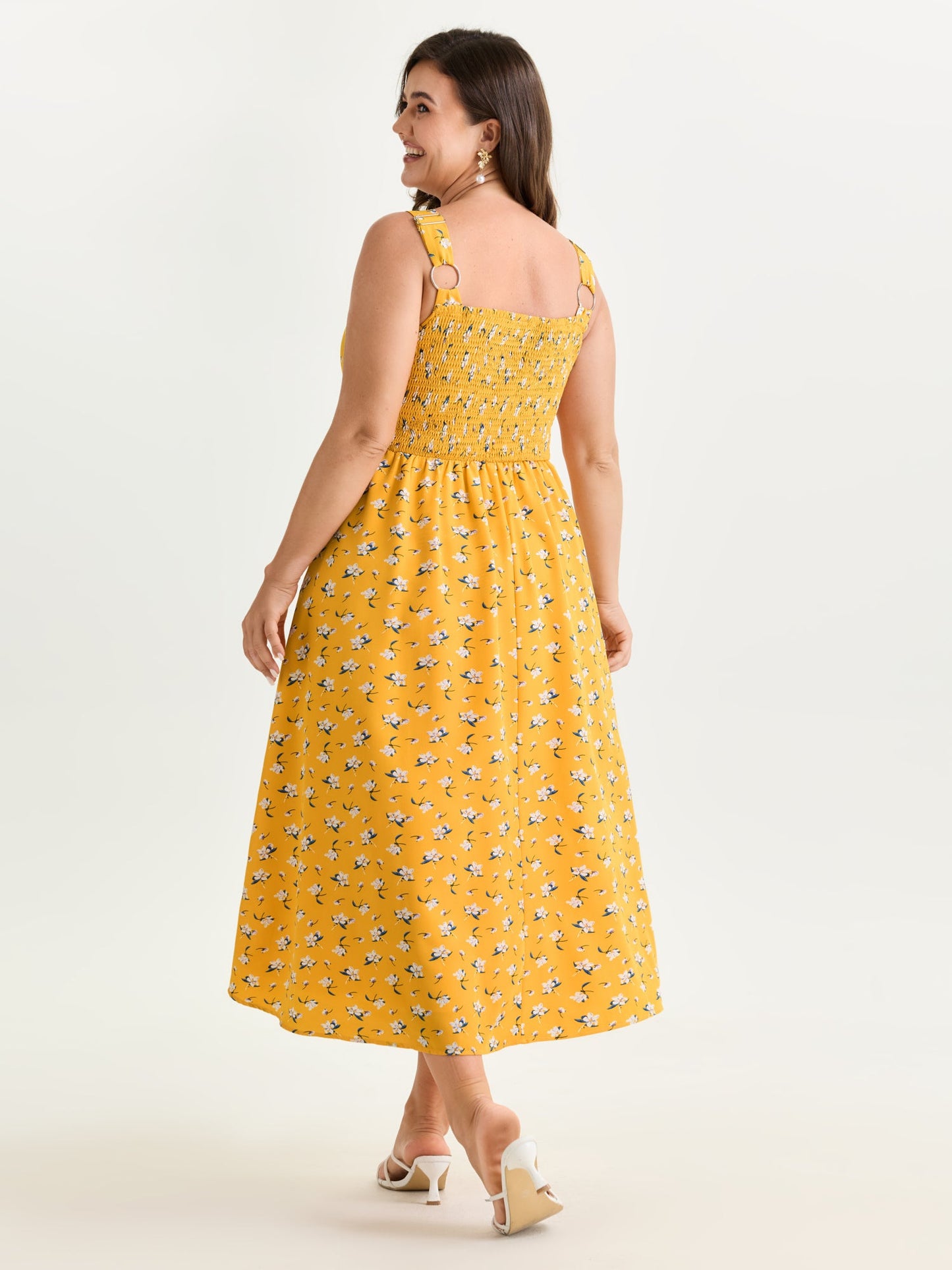 Vibrant Floral Print Waist-Defining Midi Dress