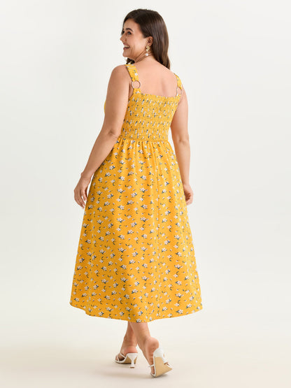 Vibrant Floral Print Waist-Defining Midi Dress
