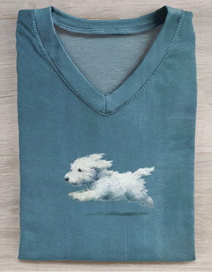 Funny Retro Cute Running White Dog Art Print V-neck Casual T-shirt