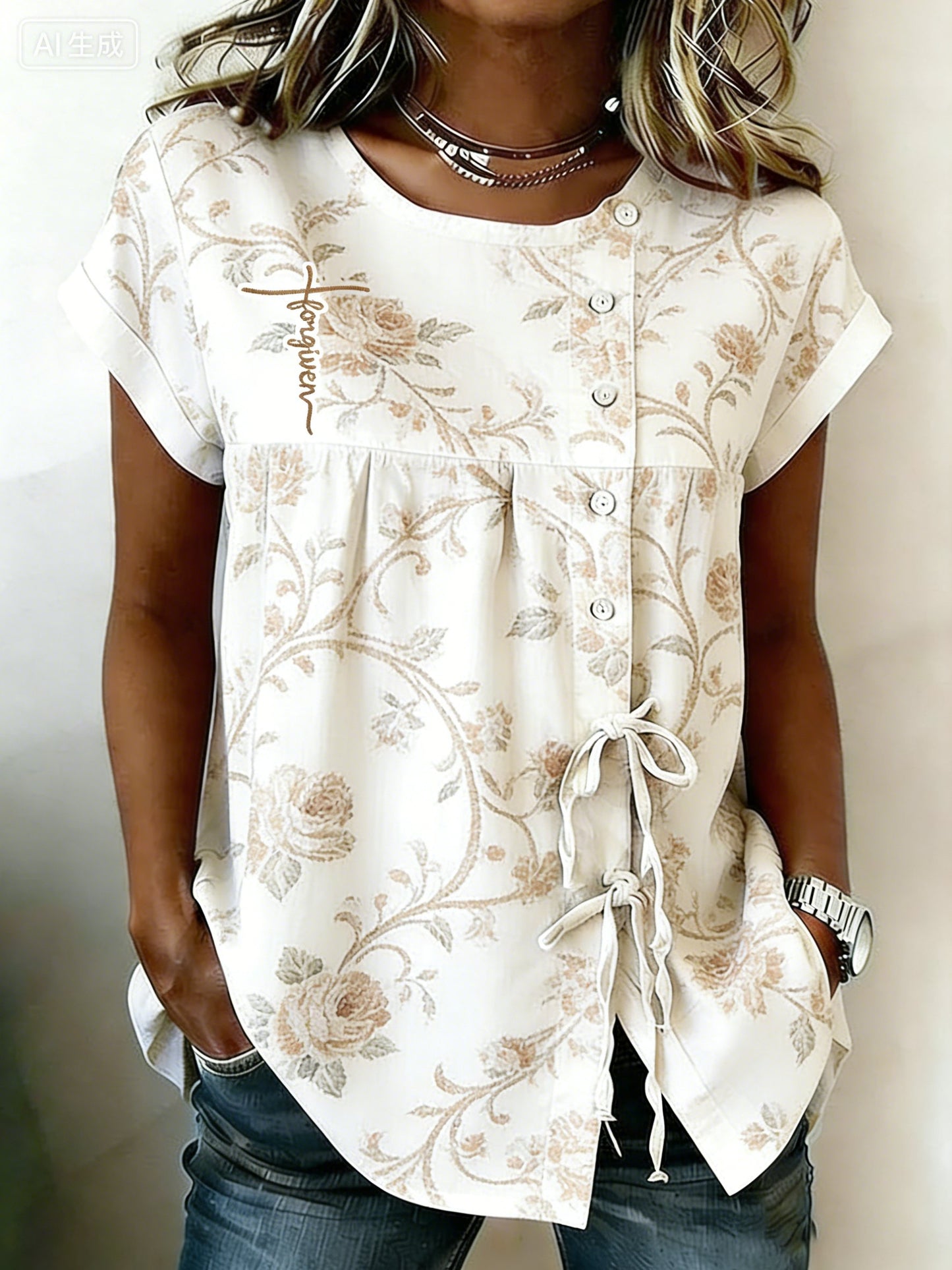 Women's Floral Print Crew Neck Short Sleeve Top
