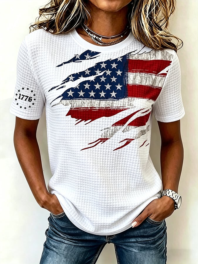 Women's Vintage American Flag Print Casual Waffle T-shirt