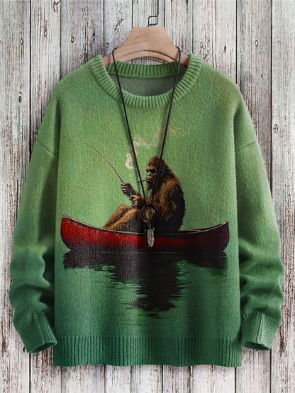 Bigfoot on a Red Canoe Fishing Retro Art Print Casual Short Sleeve T-shirt