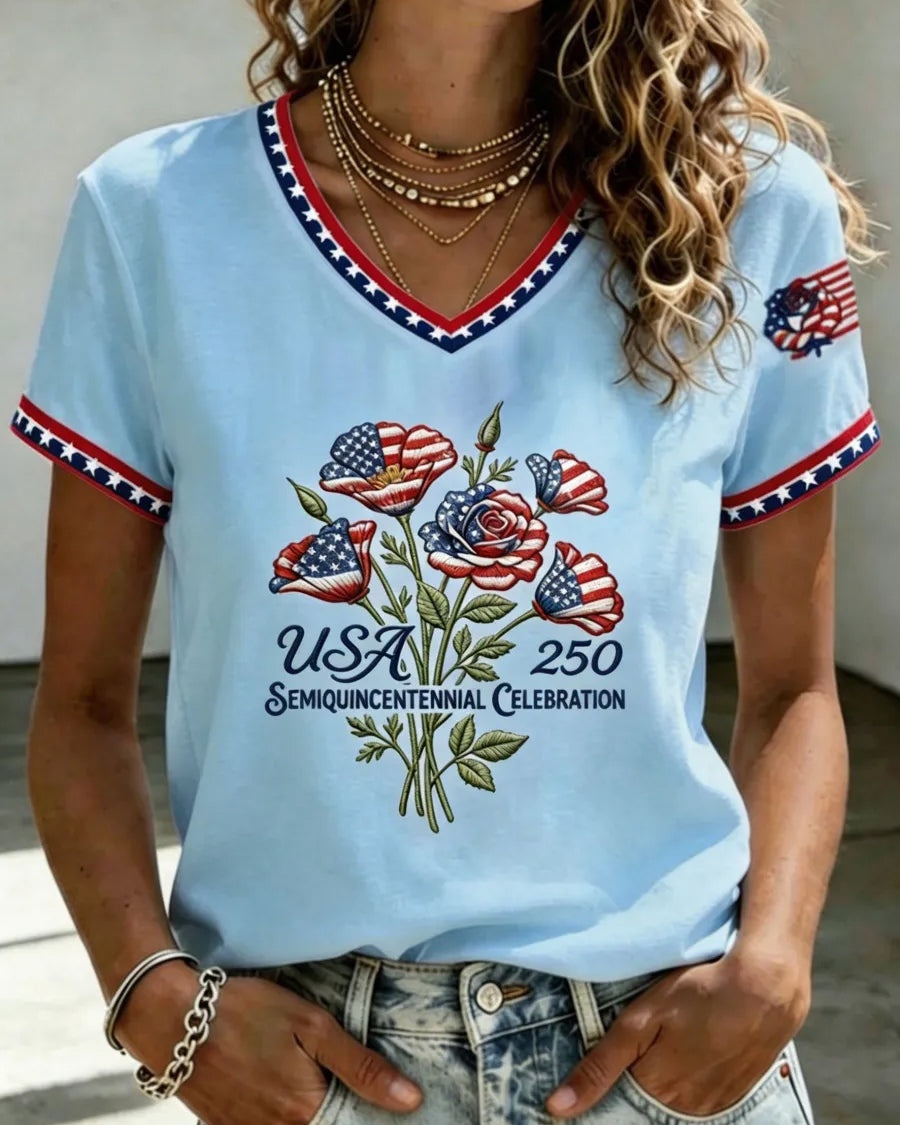 250th Anniversary Floral Print V-neck Short Sleeve Tshirt
