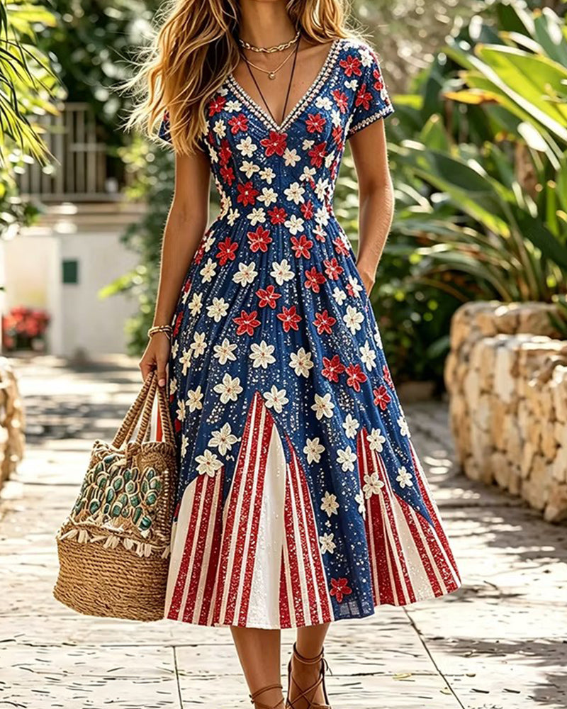 Star-Spangled Floral-Print V-Neck Short-Sleeve Midi Dress