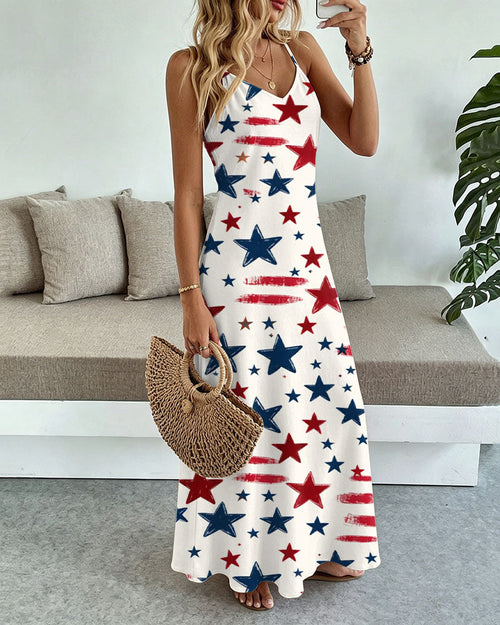 Graffiti Stripes and Stars Print Pocket Maxi Dress