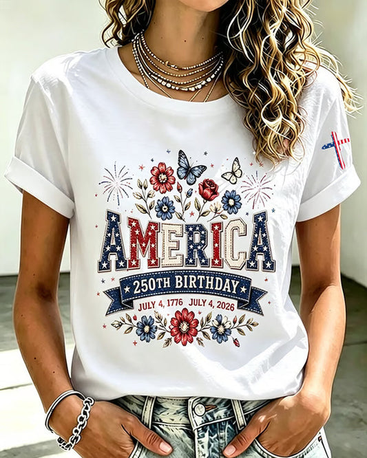 100% Cotton Women's America 250 1776-2026 Freedom Faith Crew Neck Short Sleeve Tshirt