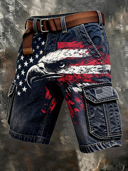 Men's Independence Day USA Flag Print Denim-Like Cargo Shorts