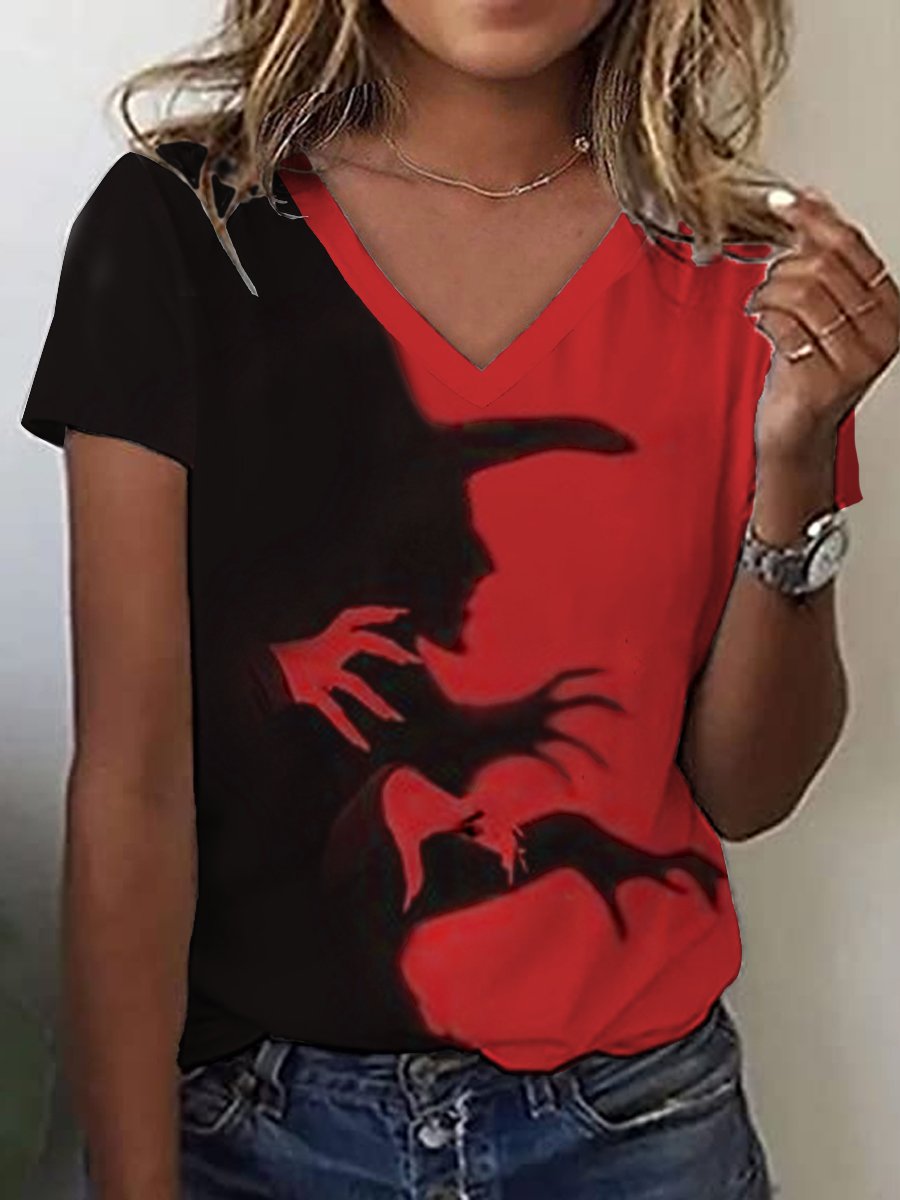 Women's Halloween Witch Shadow Print Casual V-Neck Tee