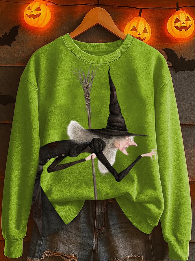 Women's Witch Print Round Neck Sweatshirt