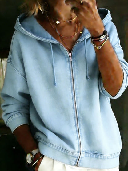 Women's Casual Long Sleeve Denim Zipper Hoodie Coat