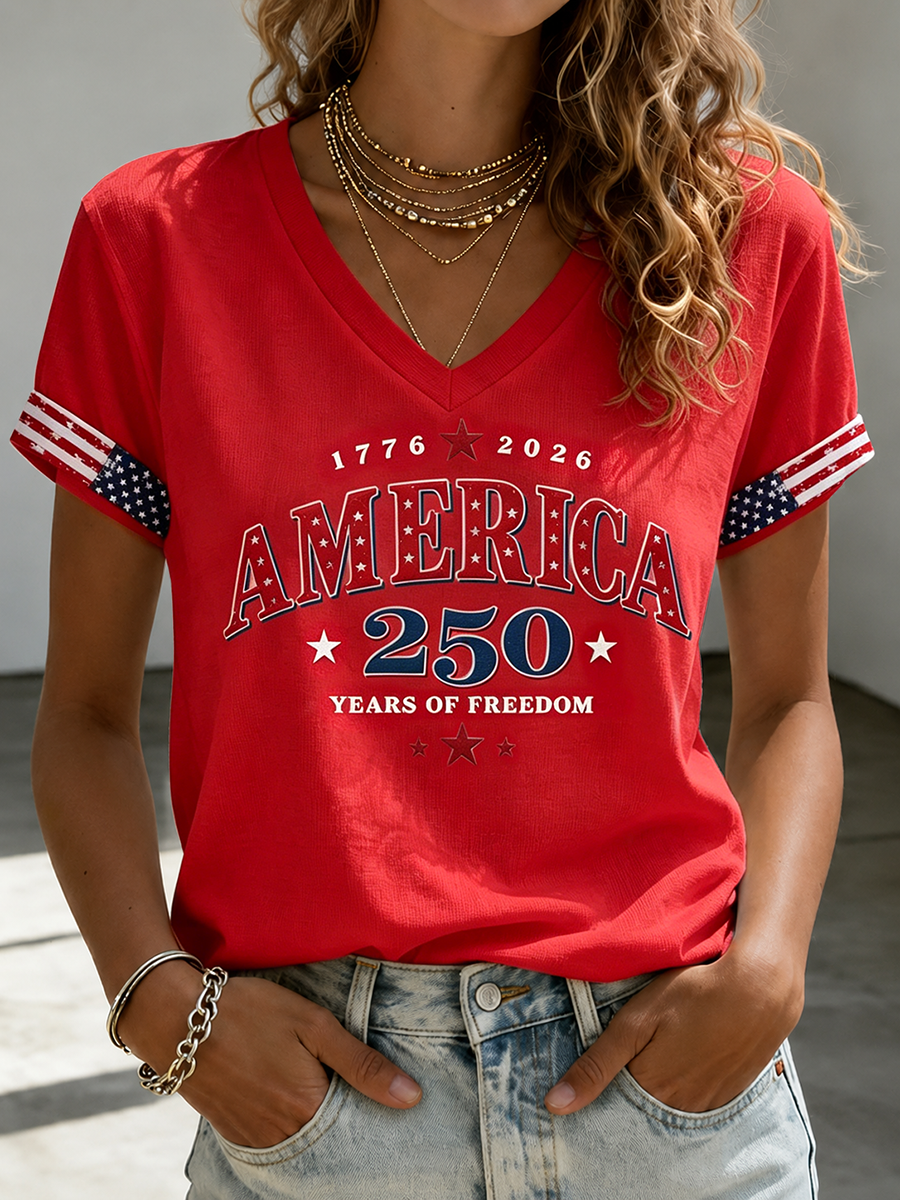 🔥Buy 3 Get 10% Off🔥Women's Casual American 250 Celebration Printed V-Neck T-Shirt