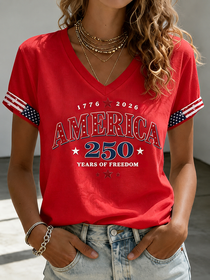 🔥Buy 3 Get 10% Off🔥Women's Casual American 250 Celebration Printed V-Neck T-Shirt