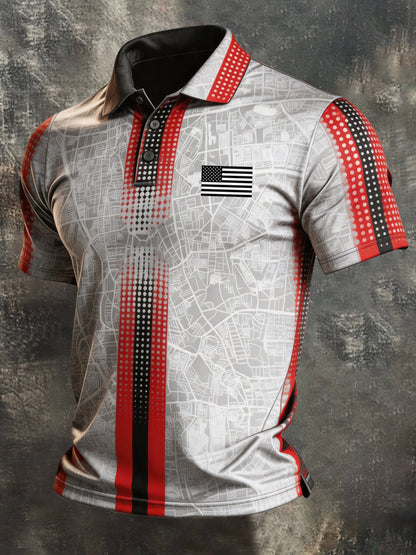 Men's Retro Patriotic Color-Block Short-Sleeve Polo Shirt