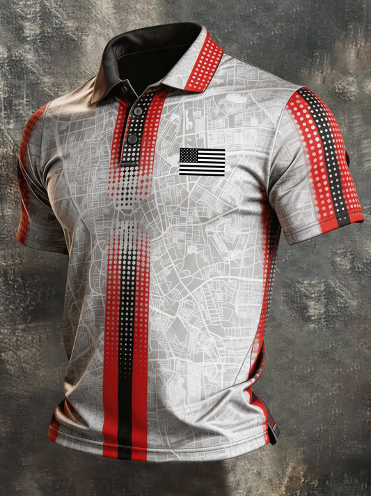 Men's Retro Patriotic Color-Block Short-Sleeve Polo Shirt