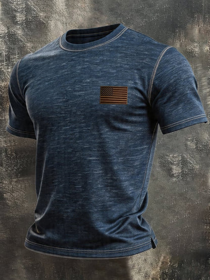 Men's Vintage 100% Cotton T-Shirt with Leather Paneling
