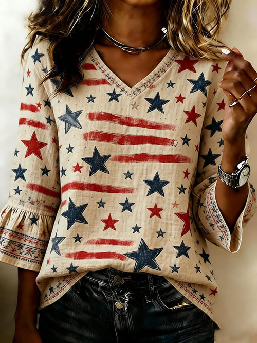 Women's Casual Patriotic Loose Cotton-Linen Shirt