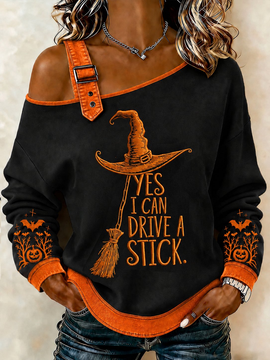 Women's Halloween Witch Casual Off-Shoulder Sweatshirt
