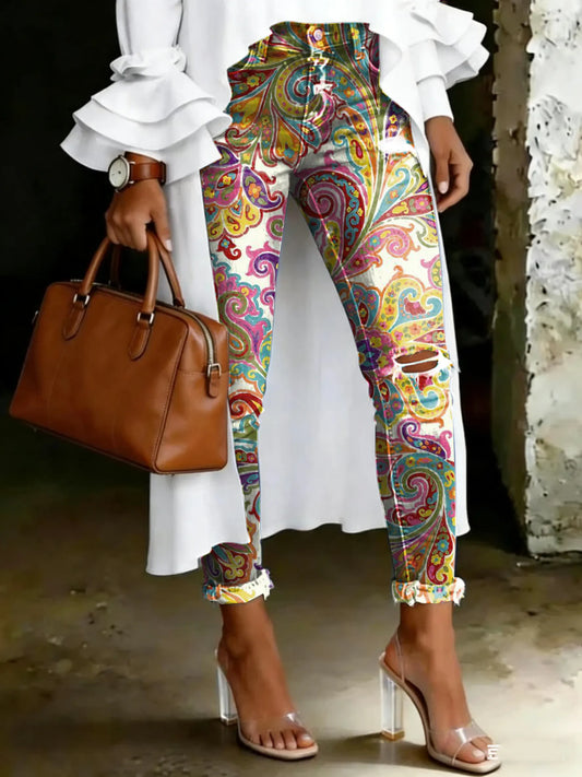 Women's Vintage Multicolor Paisley Print Casual High-waisted Ripped Skinny Jeans