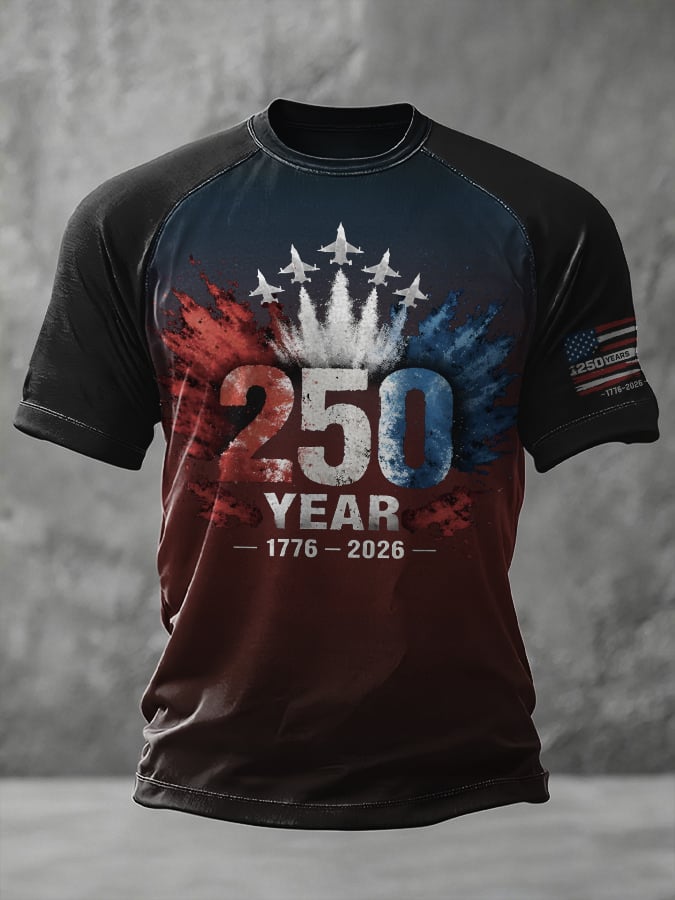 Men'S Casual Short-Sleeved Crew Neck T-Shirt With American 250th Anniversary Commemorative Print.