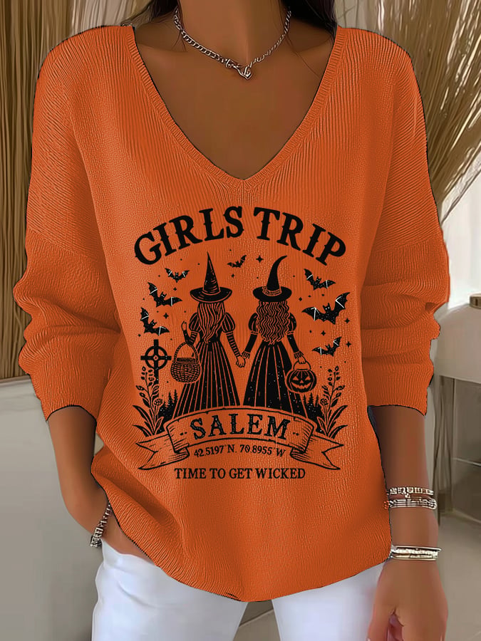 🔥HOT SALE🔥Women's Girls Trip Salem Witch Print V Neck Sweater