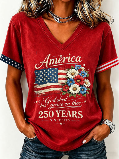 Women's Floral American Flag Printed Casual T-shirt