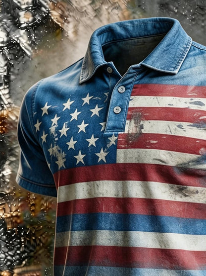 Men's Vintage American Flag Print Washed Denim Polo Shirt, Slim Fit Patriotic Western Style Short Sleeve Top
