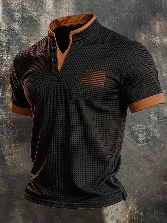 Men's Retro Knitted Waffle-Knit Double-Layer Contrast T-Shirt