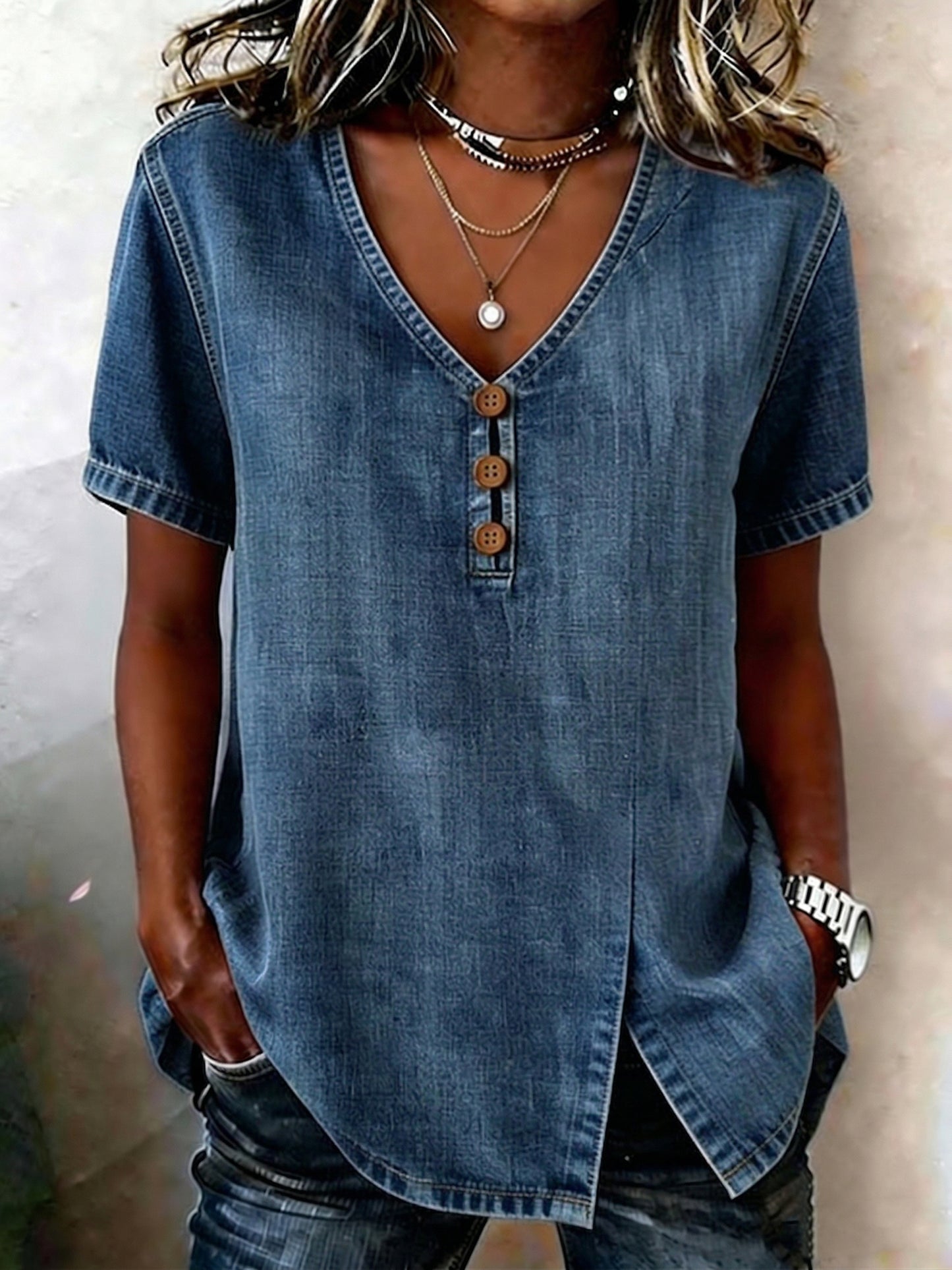 Women's Vintage Washed Denim Short Sleeve V-Neck Henley Shirt
