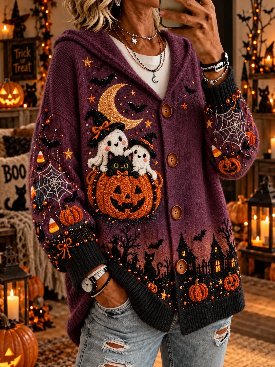 Women's Vintage Halloween Animal Print Open Cardigan