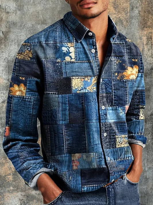Men's Vintage Patchwork Denim Color Art Print Long Sleeve Pocket Shirt