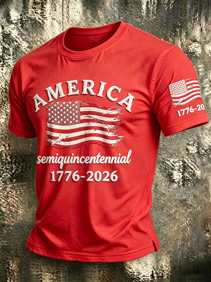 Men'S Casual American 250Th Anniversary Embroidered Print Round Neck T-Shirt