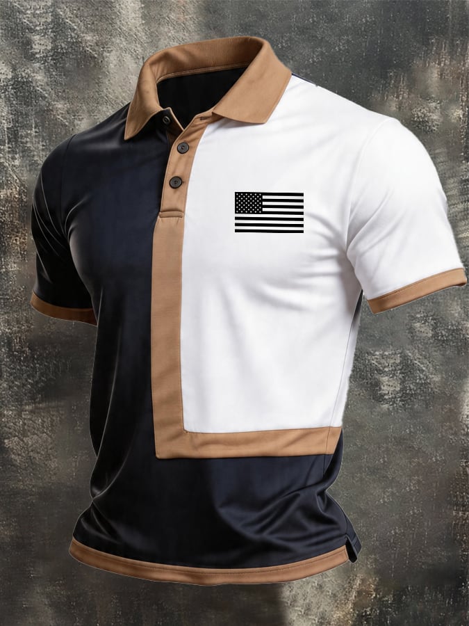 Men's Retro Patriotic Color-Block Short-Sleeve Polo Shirt