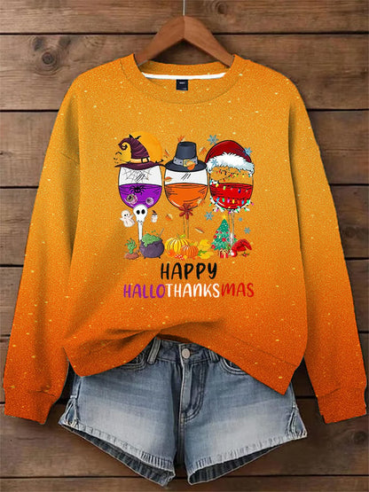 🔥HOT SALE🔥Women's Thanksgiving Wine Glass Art Printed Sweatshirt