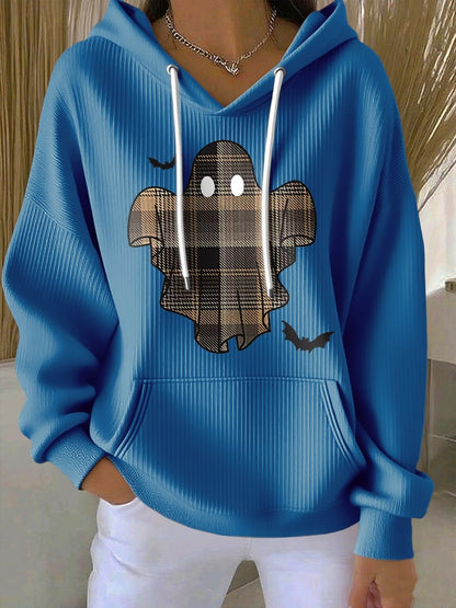🔥HOT SALE🔥Retro Halloween Ghost & Bats Flannel Plaid Print Hoodie