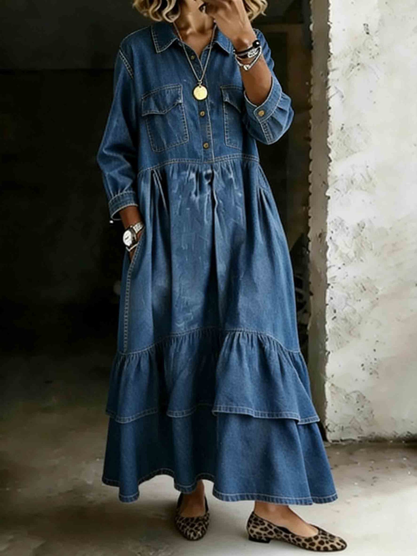 Women's Long-sleeved Collared Washed Tiered Maxi A-line Denim Shirt Dress