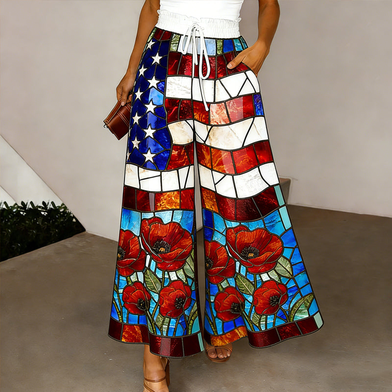 Women's Memorial Day Poppy Art Print Casual Wide-Leg Pants