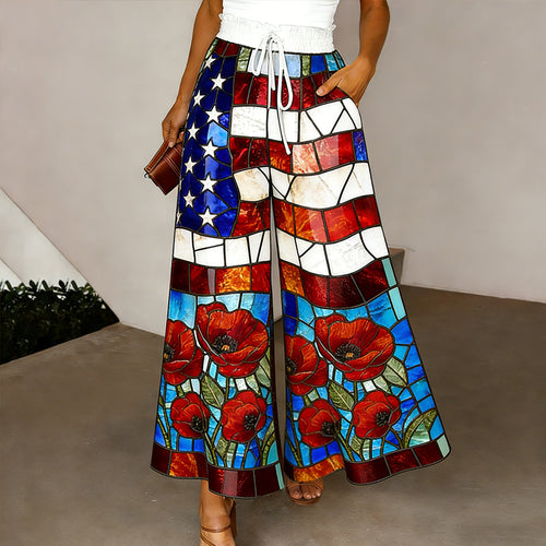 Women's Memorial Day Poppy Art Print Casual Wide-Leg Pants