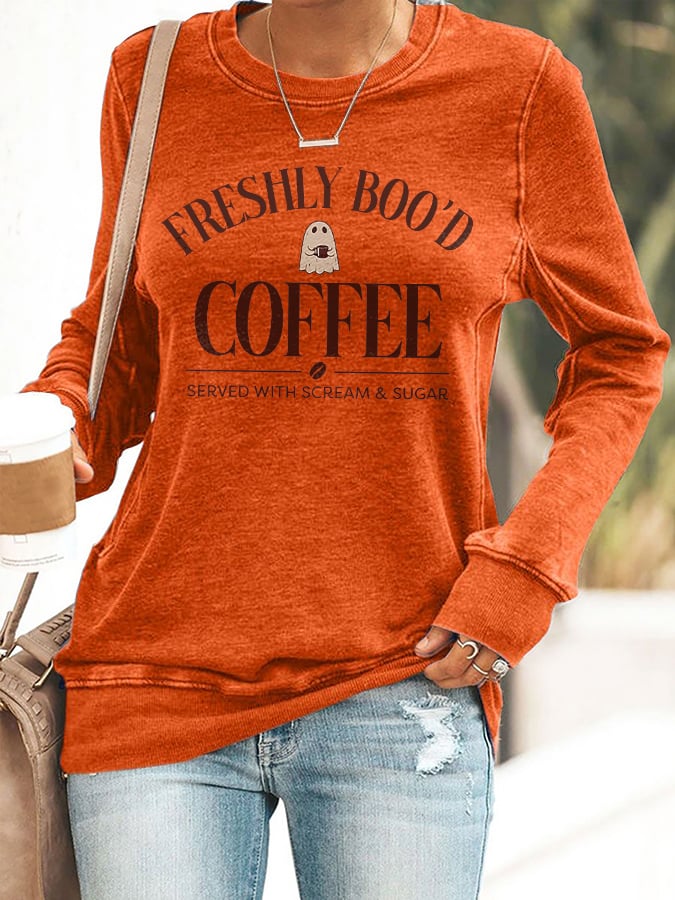🔥HOT SALE🔥Retro Halloween Ghost Freshly Boo'd Coffee Served With Scream & Sugar Print Sweatshirt
