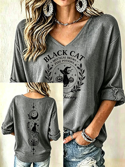 Women's Halloween Black Cat  Print short-sleeved T-shirt
