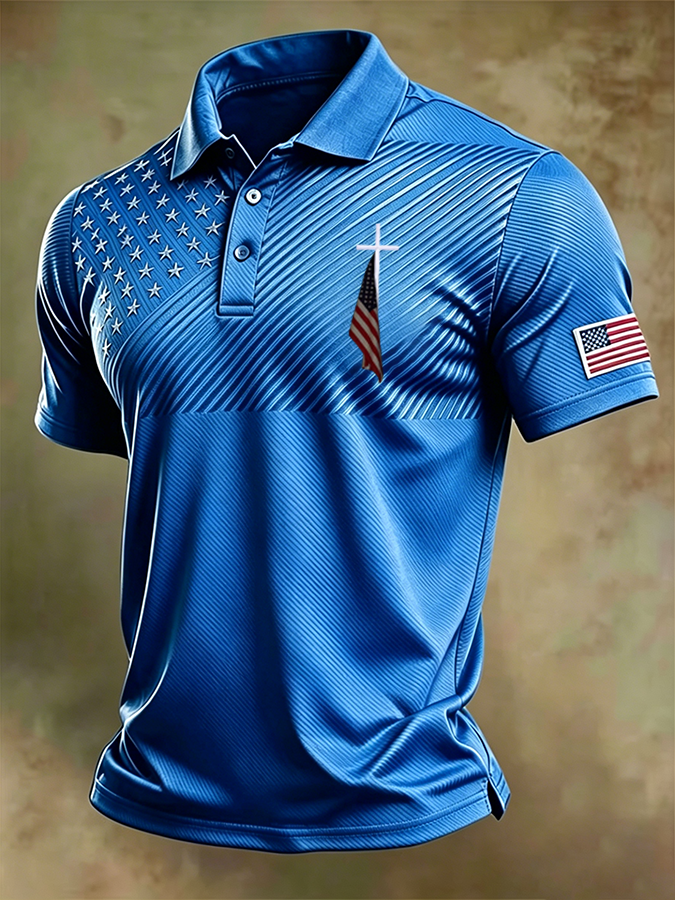 Men'S Retro National Flag And Cross  Print Casual Polo Shirt