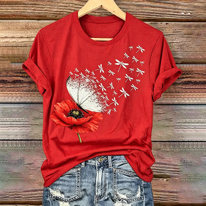 Women's Memorial Day Poppy Art Printed T-Shirt