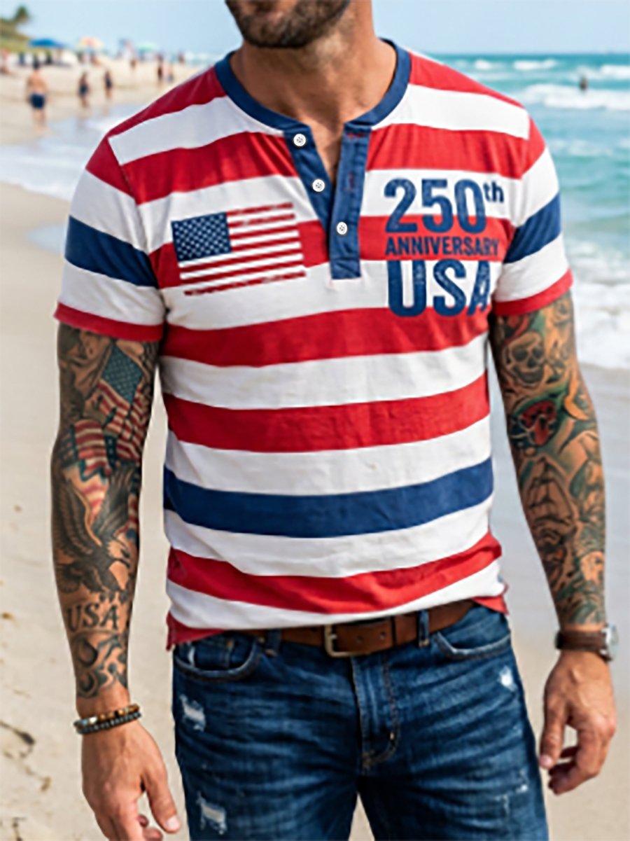 Men's Retro American Anniversary Henley Collar Short-Sleeve T-Shirt