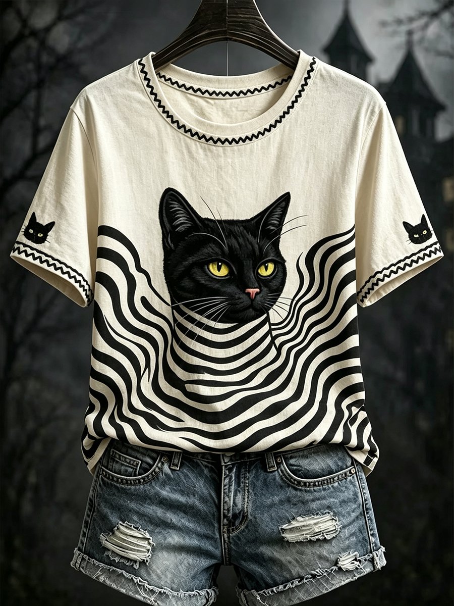 Women's Dark-Style Halloween Black Cat Print Short-Sleeve T-Shirt