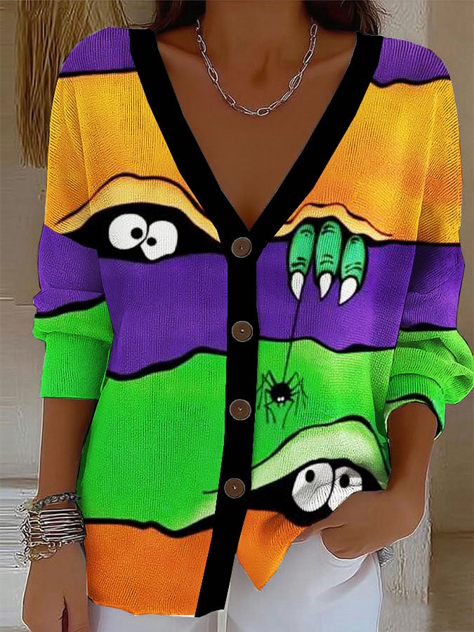 Women's Retro Halloween Peekaboo Monster Print Cardigan