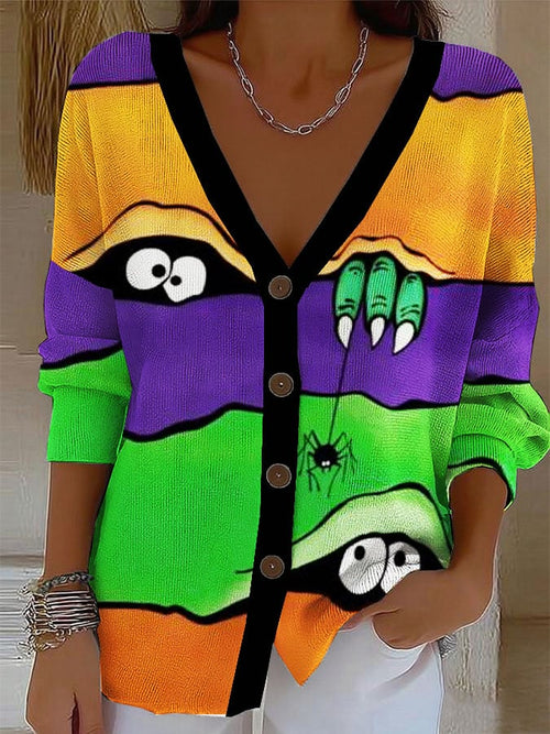 Women's Retro Halloween Peekaboo Monster Print Cardigan