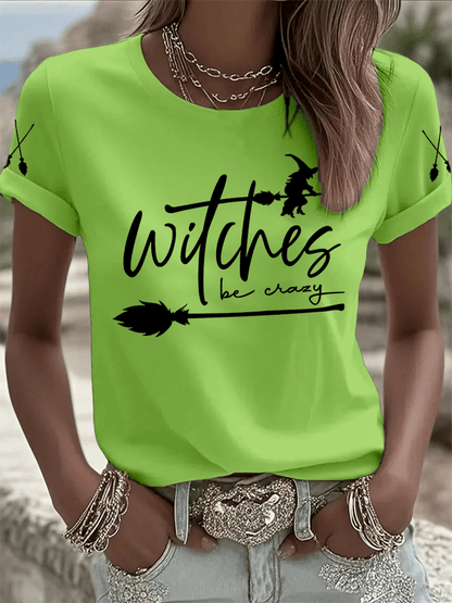 🔥HOT SALE🔥Women's Halloween Witch Be Crazy Print Crew Neck T-Shirt